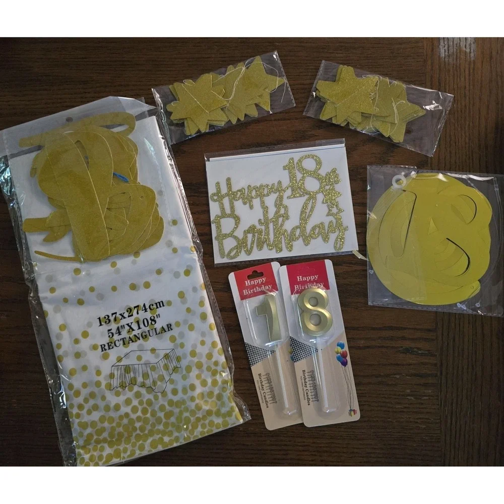 18th Birthday Decorations Set - Gold Birthday Banner, Cake Topper, Candels More